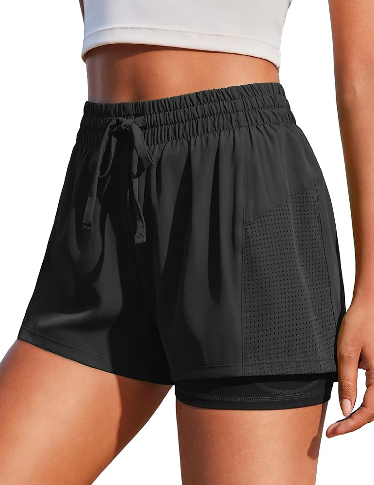 PINSPARK Women's 2 in 1 Running Shorts with Liner Pockets Quick Dry Athletic Workout Gym Shorts | Amazon (US)