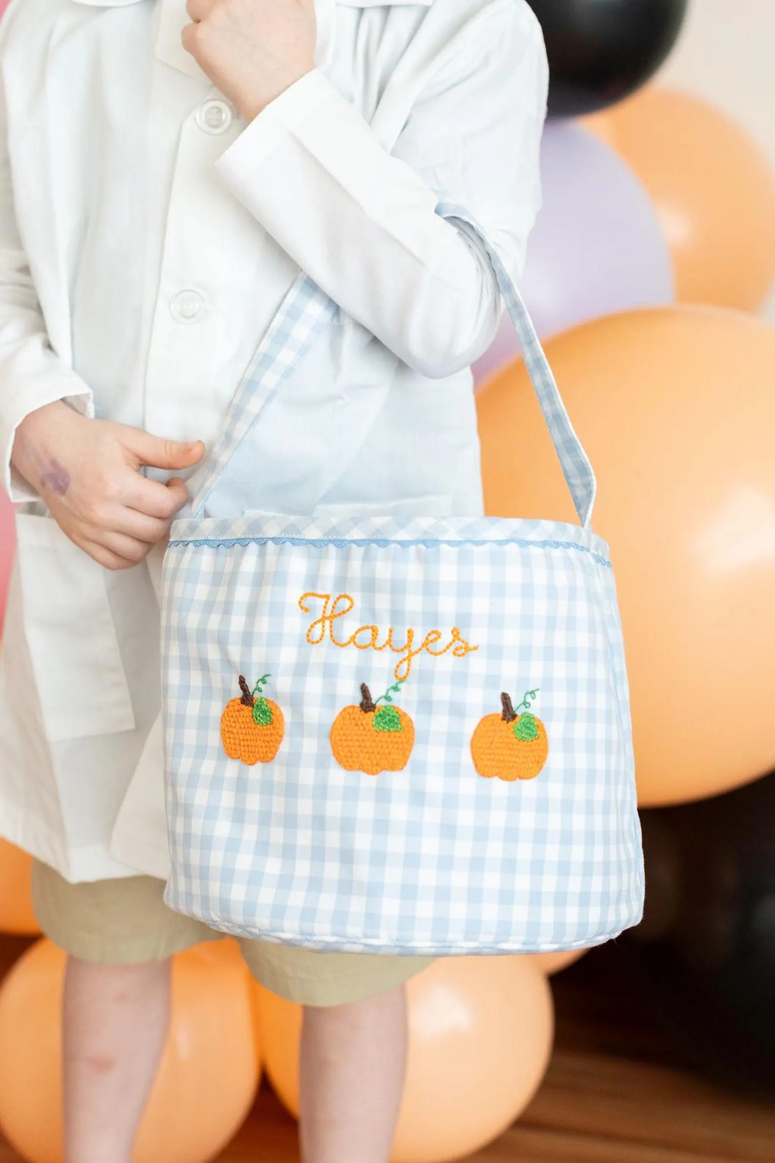 Boys Blue Gingham Pumpkin Bag for Trick or Treat, Boo Bag w/ French Knot Pumpkins, Embroidered Ha... | Etsy (Global)