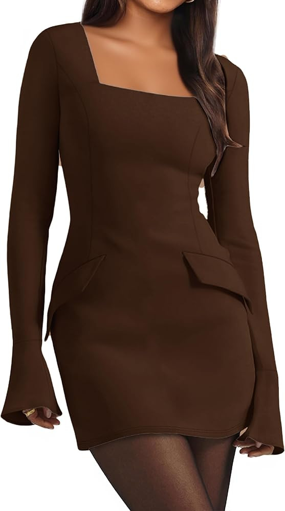 Simplee Womens Long Sleeve Mini Dresses Square Neck Casual Bodycon Party Club Formal Blazer Holid... | Amazon (US)