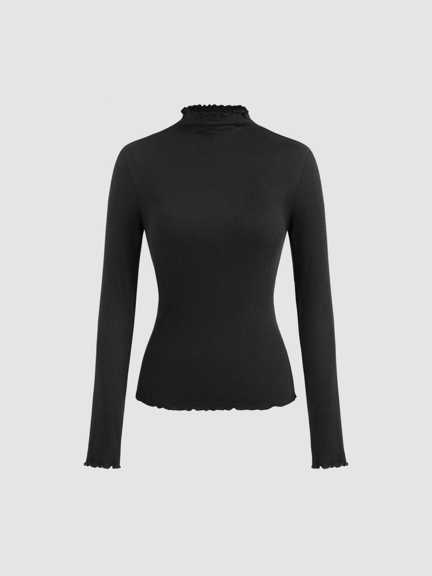 Cotton-blend High Neck Solid Lettuce Trim Long Sleeve Top | Cider