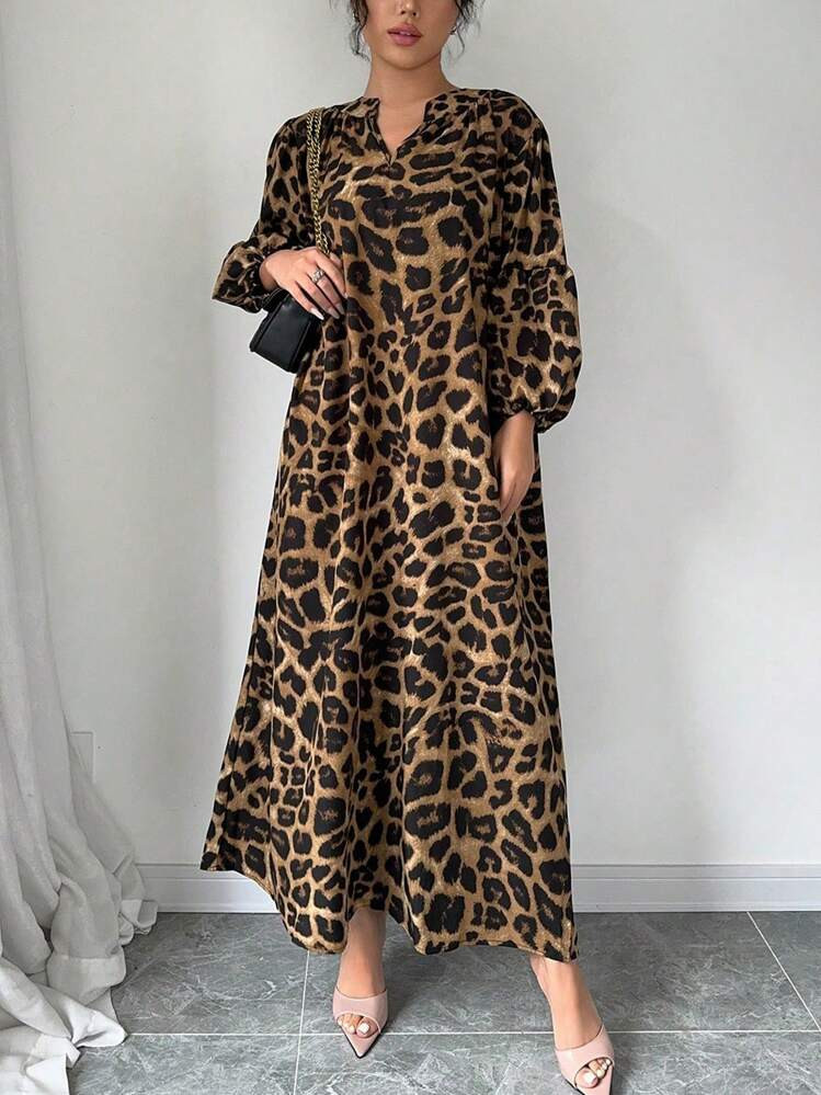 Chiquease Women's Summer Notched V-Neck Leopard Print Lantern Sleeve Long Loose Casual Dress Maxi Women Outfit | SHEIN