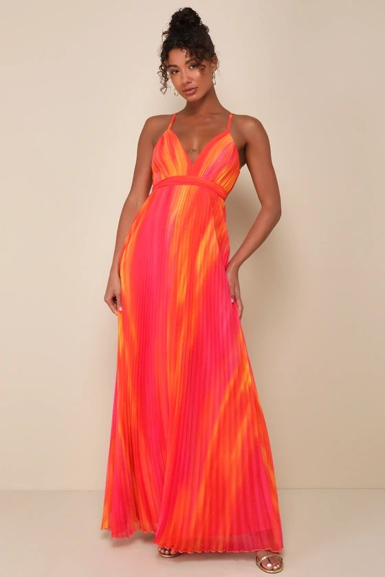 Lovely Boldness Orange Multi Watercolor Pleated Maxi Dress | Lulus