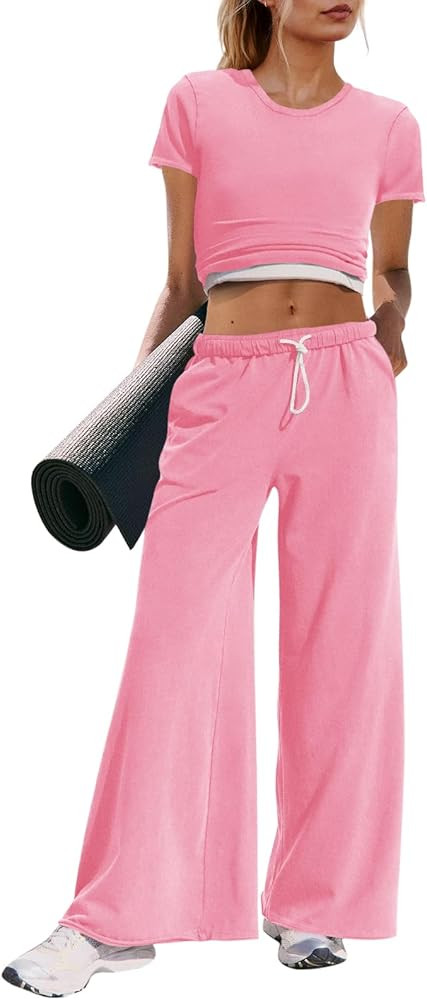 Panadila Womens 2 Piece Lounge Set Matching Workout Sets Summer Crop Tops Wide Leg Pants Going Ou... | Amazon (US)