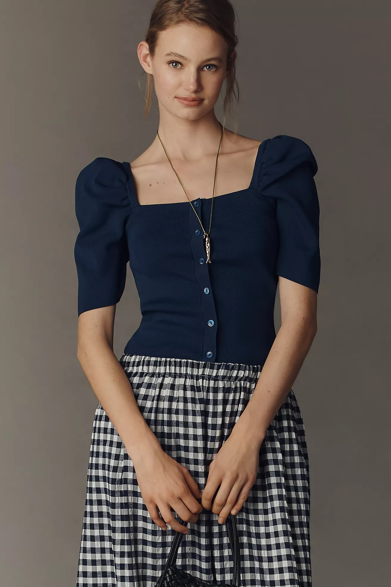 Maeve Square-Neck Puff-Sleeve Cardigan Sweater | Anthropologie (US)