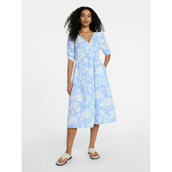 Time and Tru Women's Cotton Tiered Midi Dress with Elbow Length Sleeves, Sizes XS-XXXL | Walmart (US)