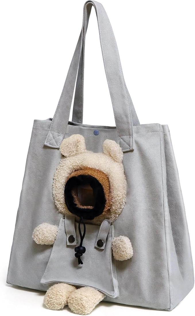 Pet Canvas Shoulder Carrying Bag, Cute Grey Bear Shaped Cat Carrier, M Size Portable Kitten & Pup... | Amazon (US)