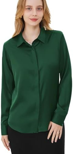 Women's Satin Blouse Fashion Long Sleeve Satin Silk Shirt Work Office Top Casual Shirt | Amazon (US)