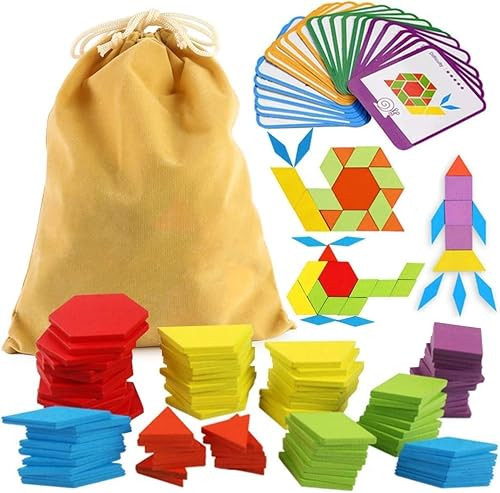 LovesTown 209 PCS Wooden Pattern Blocks, Geometric Shapes Blocks Pattern Blocks with Cards Tangra... | Amazon (US)