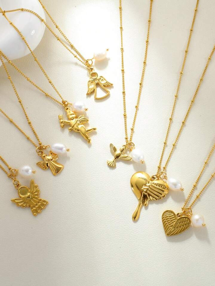 Magic Fish 1pc A Golden Bead Chain Angel Heart And Freshwater Pearl Pendant Necklace, A Valentine... | SHEIN