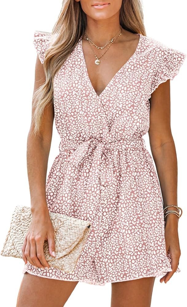 CUPSHE Women's V Neck Floral Print Belted Elastic Waist Romper Ruffled Cap Sleeves Mini Jumpsuit | Amazon (US)