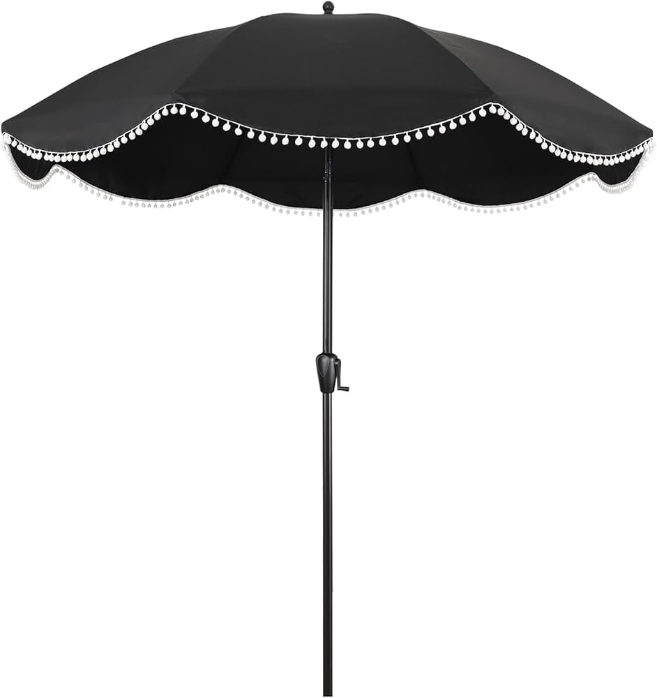 9' Patio Umbrella with Black Canopy and White Fringe Accents, Black Frame Market Umbrella for Pat... | Amazon (US)