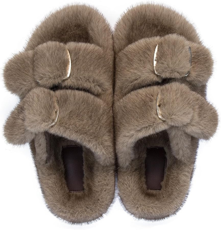Fuzzy Slippers for Women House Shoes Winter Warm Adjustable Double Straps Fluffy Faux Fur Open To... | Amazon (US)