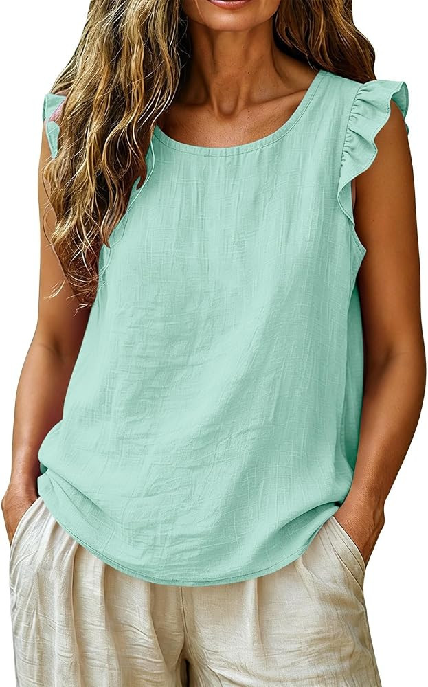 Womens Tank Tops Ruffle Sleeve Crew Neck Summer Casual Blouse | Amazon (US)