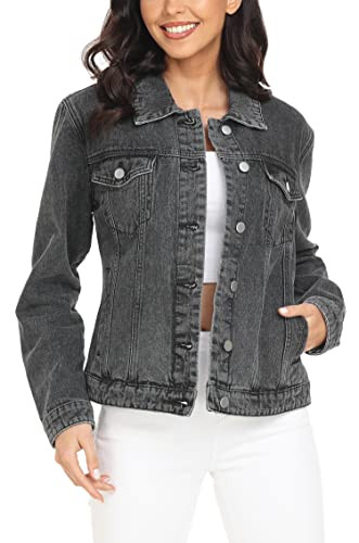 MISS MOLY Women's Denim Jacket Button Up Long Sleeve Basic Trendy Jean Jacket Coat with Pockets Dark Grey S | Amazon (US)