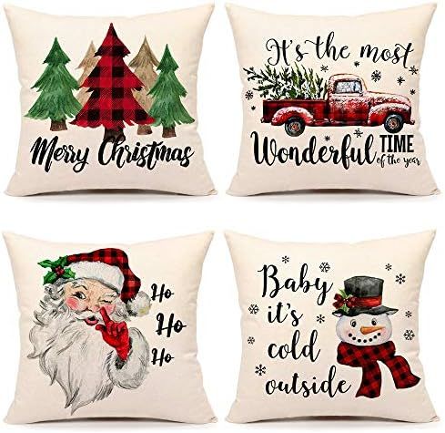 Christmas Pillow Covers 18x18 Set of 4 Farmhouse Christmas Decor Red Black Buffalo Plaids Winter ... | Amazon (US)