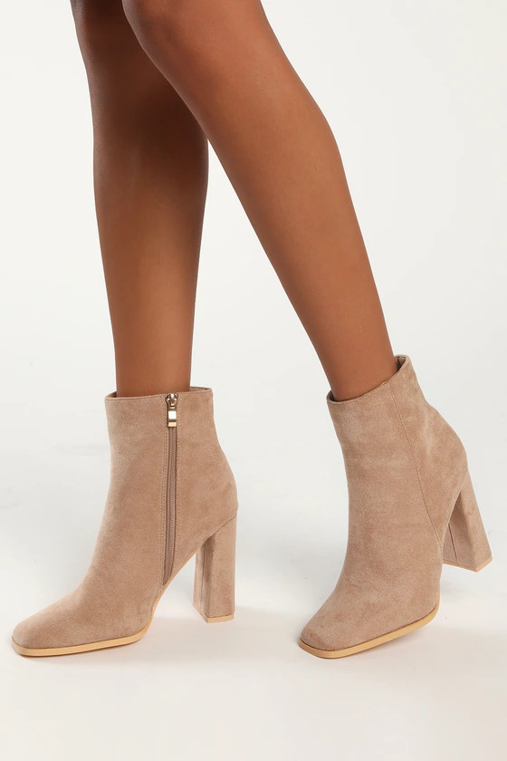 Andies Taupe Suede Mid-Calf Square Toe Booties | Lulus