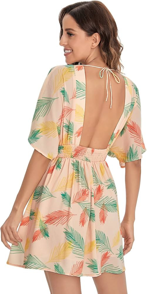 Floerns Women's Ditsy Floral Plunge Neck Knot Front A Line Short Dress | Amazon (US)