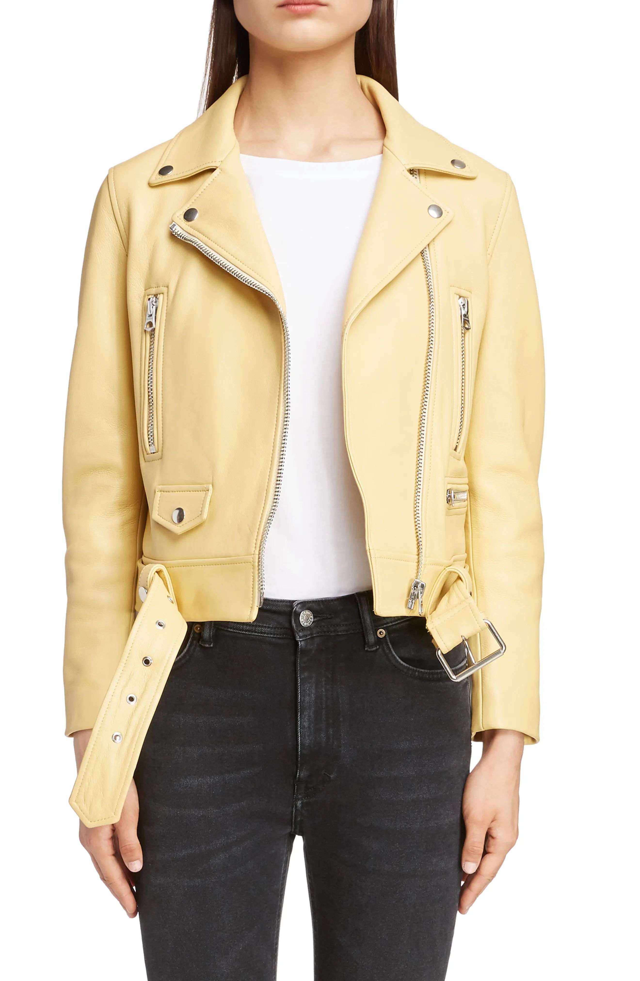 Women's Acne Studios Leather Moto Jacket, Size 2 US / 32 EU - Yellow | Nordstrom