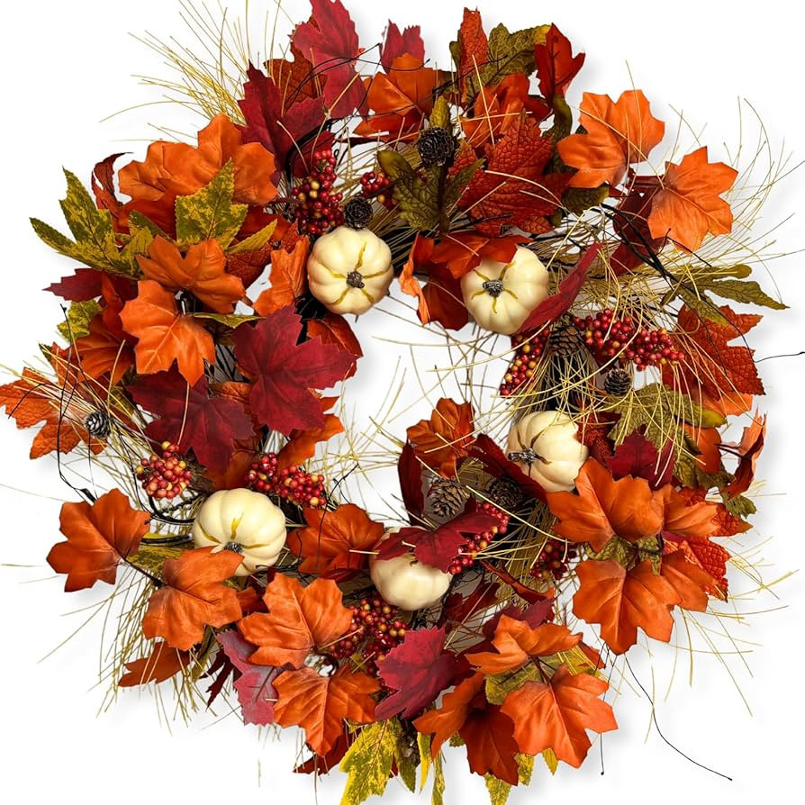 Fall Wreaths for Front Door,24 Inch Autumn Large Pumbkin Wreath with Berry,Maple Leaves and Pine ... | Amazon (US)