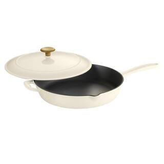 Bestow 12 in. Enameled Cast Iron Skillet in Latte with Lid | The Home Depot