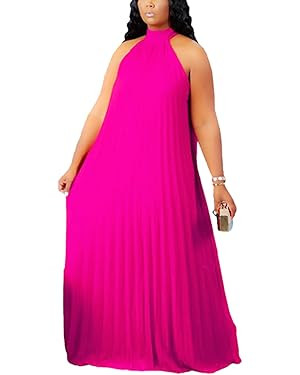 IyMoo Womens Sexy Plus Size Chiffon Dress Sleeveless Pleated Skirts Long Boho Beach Maxi Dresses | Amazon (US)