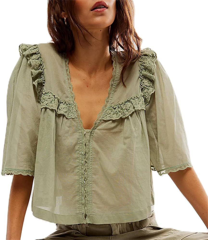 Hassembly Women Summer Cute Chiffon Shirt Low Cut V-Neck Short Sleeve Ruffle Trim Blouse Y2K Goin... | Amazon (US)