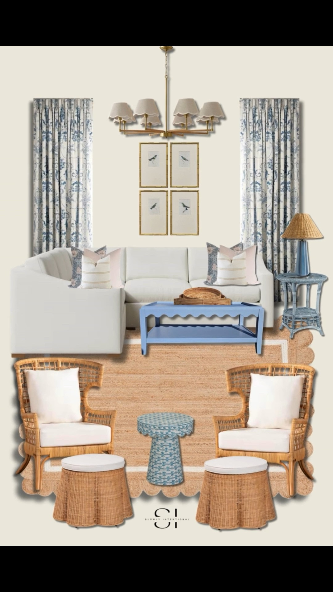 Get the look for Ballard Designs for a lot less! grandmillennial decor, coastal living room, blue and white home, scalloped jute rug, coastal grandma aesthetic, rattan accent chairs, scalloped coffee table, chinoiserie curtains, white sectional sofa, traditional home decor

#LTKHome
