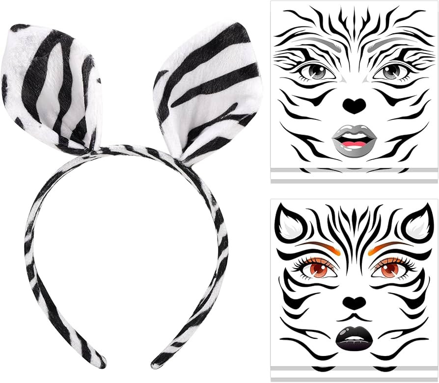 HOWAF Zebra Haarreif & Halloween Tattoo Gesicht, Ohren Haarreif für Zebra Kostüm, Halloween Kar... | Amazon (DE)