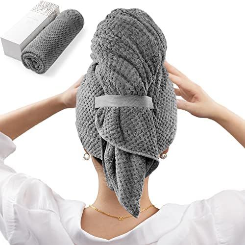 Large Microfiber Hair Towel Wrap for Women, Anti Frizz Hair Drying Towel with Elastic Strap, Fast Dr | Amazon (US)