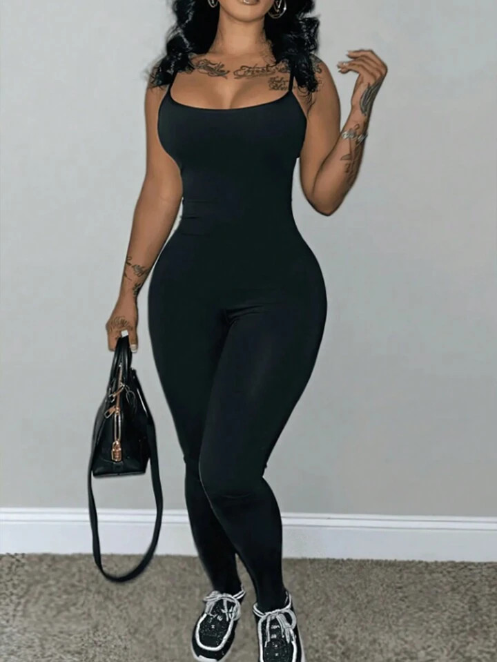 SHEIN Women Solid Color Spaghetti Strap Sleeveless Backless Tight Jumpsuit Unitard | SHEIN