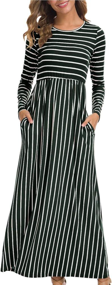 Women's 3/4 Sleeve Elastic Waist Pockets Striped Flare Casual Maxi Dress | Amazon (US)