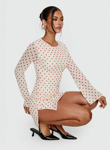 Nyxia Long Sleeve Mini Dress Cream / Red Polka | Princess Polly US