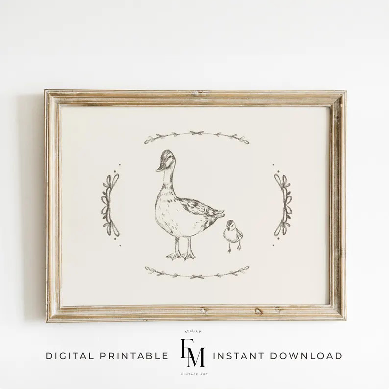 Vintage Mother Duck Print Family Duck Wall Art Nursery Art Abstract Vintage Drawing Cottagecore D... | Etsy (US)