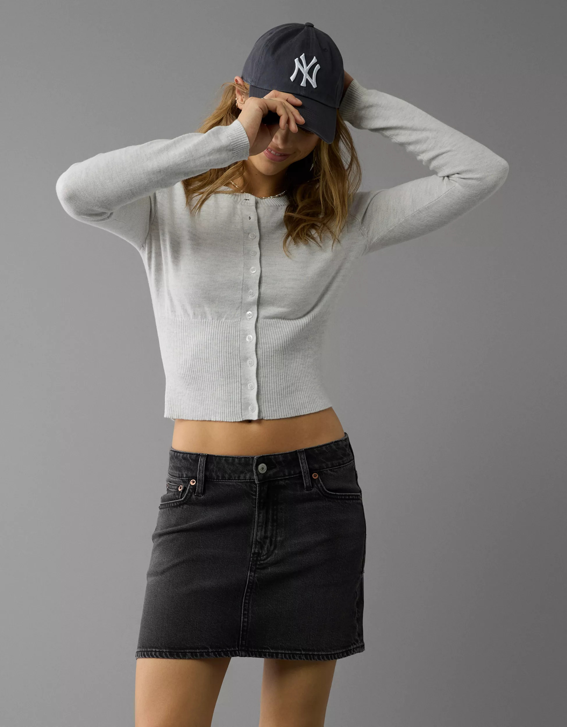 AE Stretch High-Waisted Perfect Denim Mini Skirt | American Eagle Outfitters (US & CA)