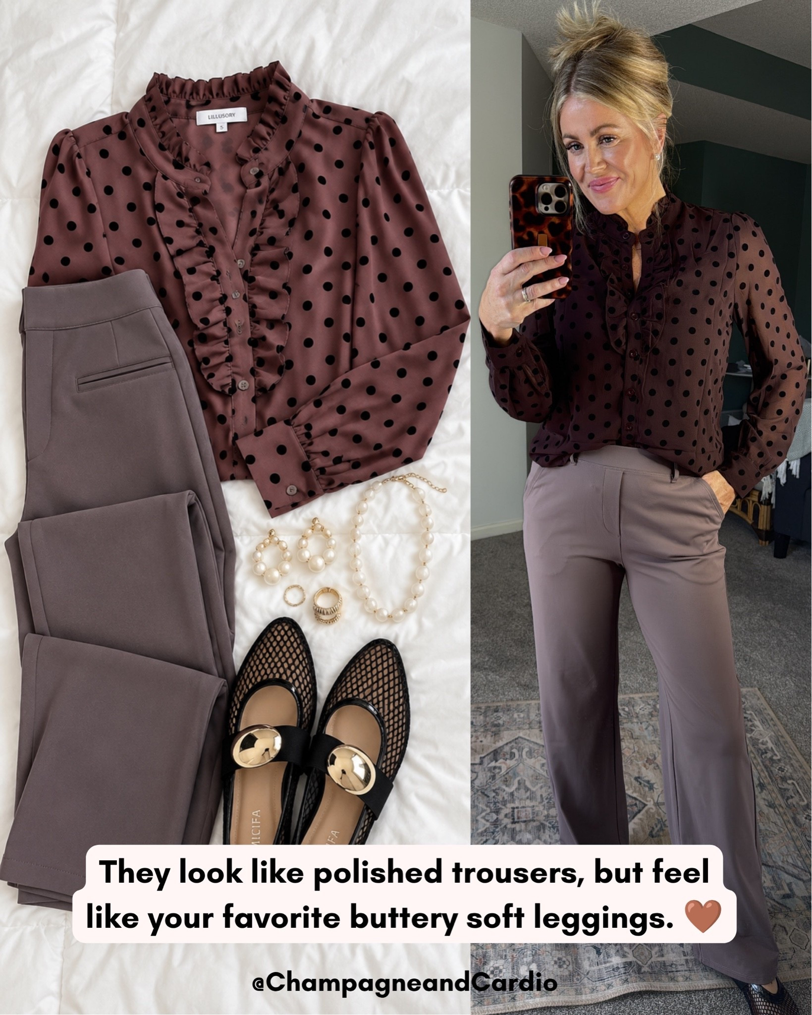 These LOOK like a pair of dressy trousers… but they feel like buttery soft leggings. 🙌🏼 And THAT is the kind of fashion trick I’m here for. 😂

You can dress them up for work or dinner, or throw on sneakers and a tee and wear them completely casual. I paired them with this polka dot top and the cutest mesh flats and I LOVE how the whole look came together. 🤎

Polished, comfy and zero suffering required. My kind of outfit at 45. 😂👏🏼

#AmazonFashion #FallOutfitIdeas #AffordableStyle #StyleOver40 #AmazonFinds