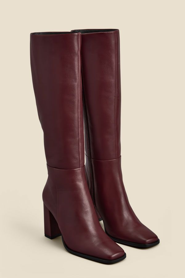 Burgundy Leather Square Toe Block Heel Knee High Boot | Sosandar
