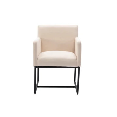 Set Of 2 Midcentury Linen Upholstered Arm Dining Chairs With Black Metal Frame | Wayfair North America
