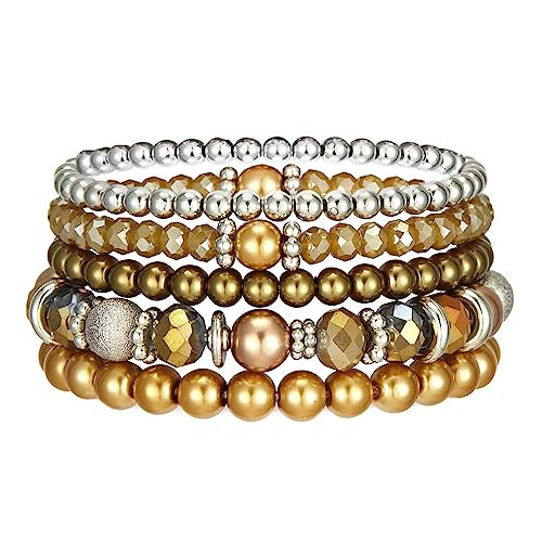 Noessla Beaded Pearl Stretch Bracelet Silver Stackable Crystal Beads Bracelets Trendy Costume Jewelry Mothers Day Gifts for Women(Champagne) | Amazon (US)