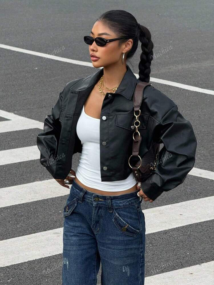 Muchica Fall Clothes Women, Flap Detail Drop Shoulder Crop PU Leather Jacket,Casual Button Drop Shoulder Collar Regular Fit Solid Color Women Jackets, Suitable For Daily Wear | SHEIN