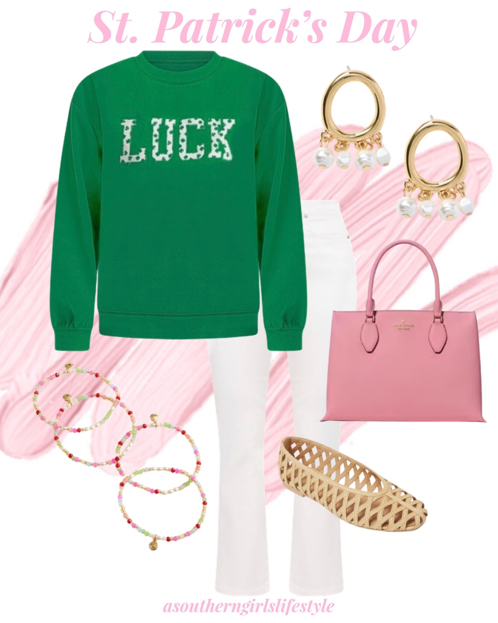 Luck for St. Patrick’s Day - everything is on Sale except the shoes from Target

Green Luck (has shamrocks & clovers in the ketters), Mother of Pearl Earrings, White Kick Crop Jeans, Bracelets, Pink Kate Soade Satchel & Raffia Flats

Spring Outfits. St Patrick’s Day Outfit Women. Spring Outfit 2026

#LTKPetite #LTKootd #LTKSaleAlert #LTKSeasonal