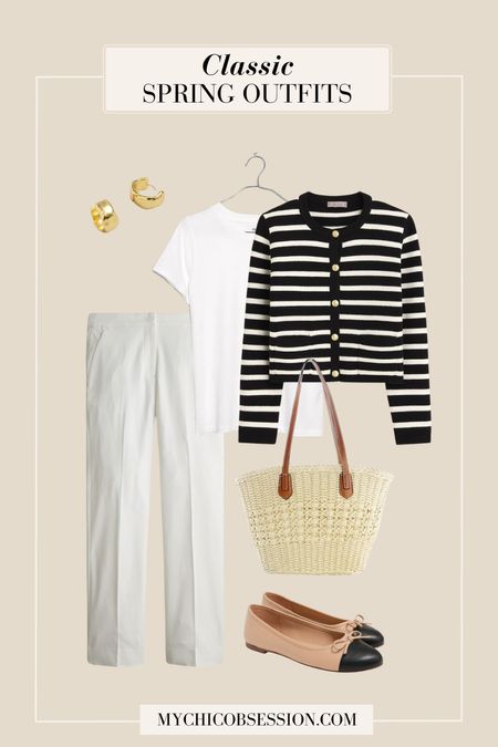 Create a spring outfit with these classic pieces. Start your look with a classic white tee. Layer a lady jacket style cardigan on top, paired with white pants. Accessorize with cap-toed ballet flats from J.Crew, gold hoops, and a woven tote bag.

#LTKSeasonal #LTKstyletip