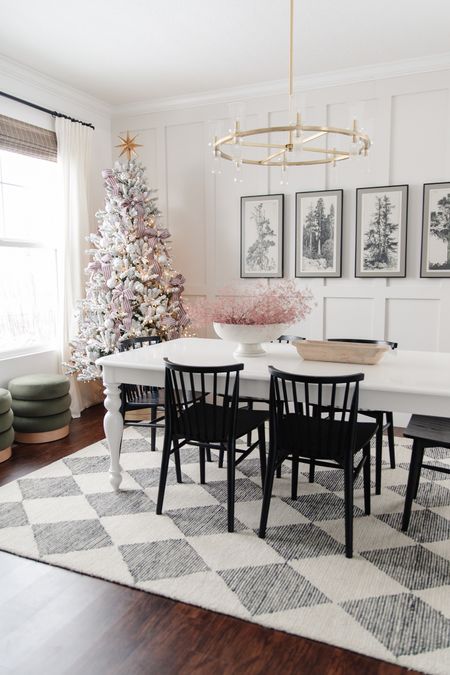 Christmas dining room decor, pre lit flocked artificial christmas tree, checker diamond rug, loloi francis rug, white farmhouse dining table

#LTKSeasonal #LTKHoliday #LTKhome