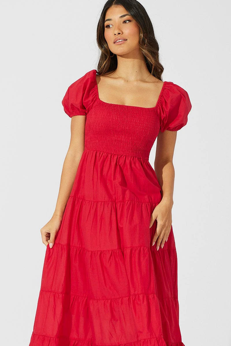 Red Maxi Dress Short Sleeve Shirred Tiered | Ally Fashion (US, Australia & New Zealand)