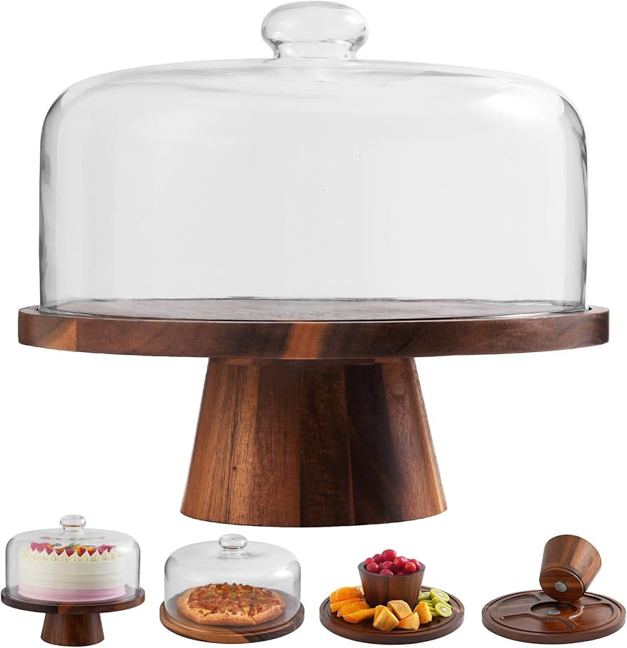Acacia Wood Cake Stand with Glass Lid – 12" Magnetic Base, Detachable Serving Tray for Cake, Ch... | Amazon (US)
