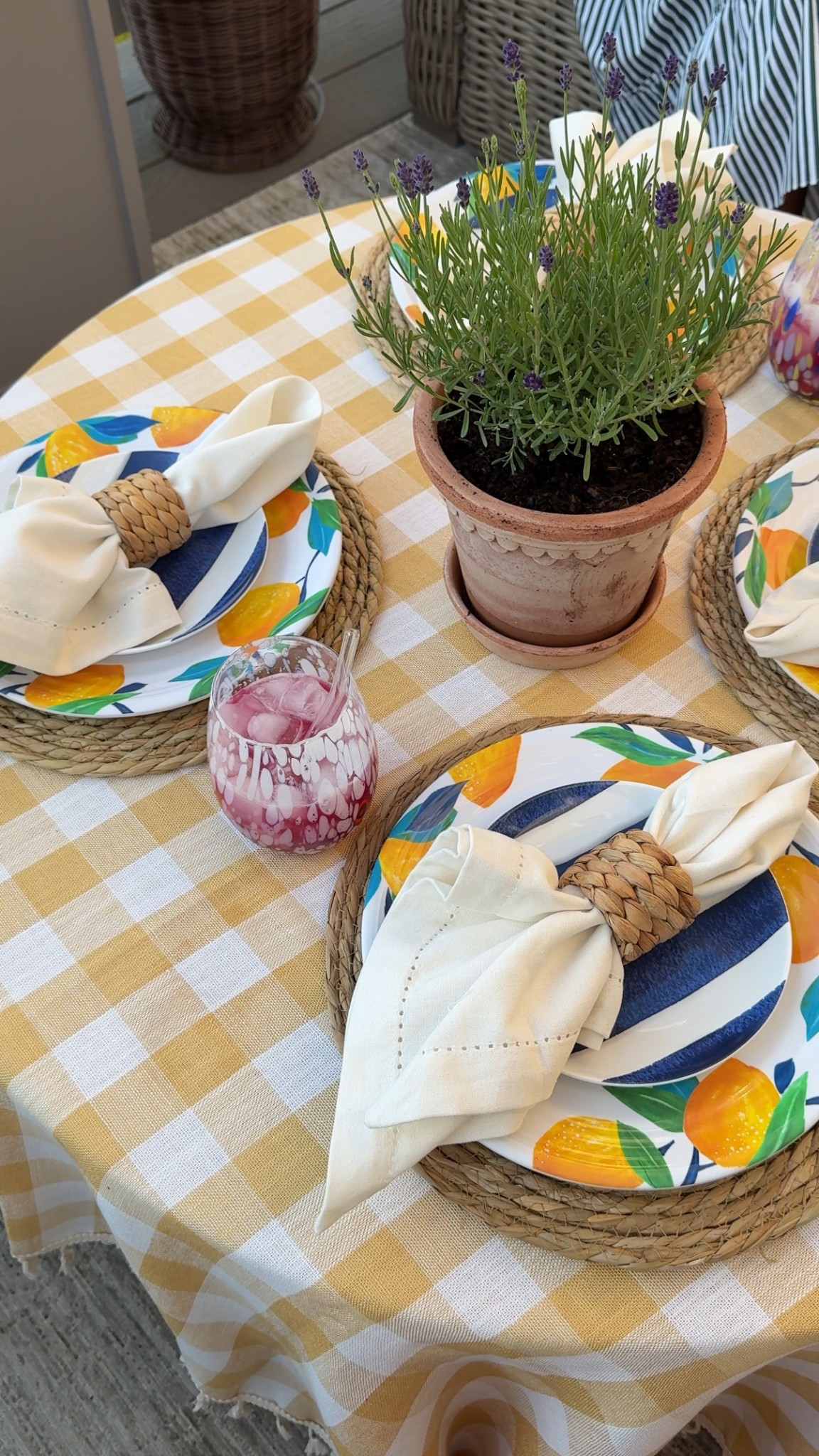 6/12/25 summer cookout tablescape setup 🫶🏼 summer tablescape, yellow gingham tablecloth, outdoor dining setup, summer cookout table decor, amazon home finds, linen napkins, woven placemats, amazon entertaining essentials, neutral tablescape, backyard dinner party, picnic table setup, simple summer table setting

