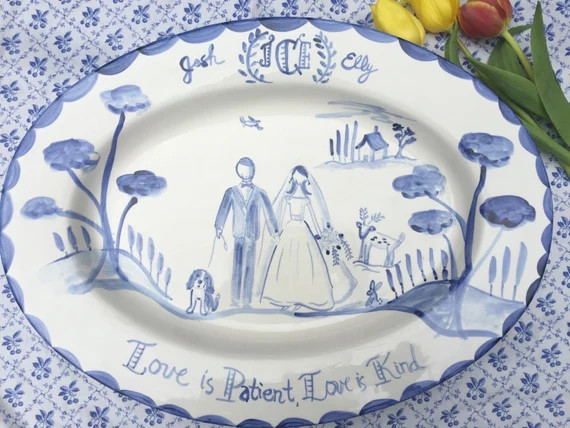 Ceramic Wedding Platter, Blue and White ,Wedding Gift ,Personalized Wedding Portrait, Handpainted... | Etsy (US)