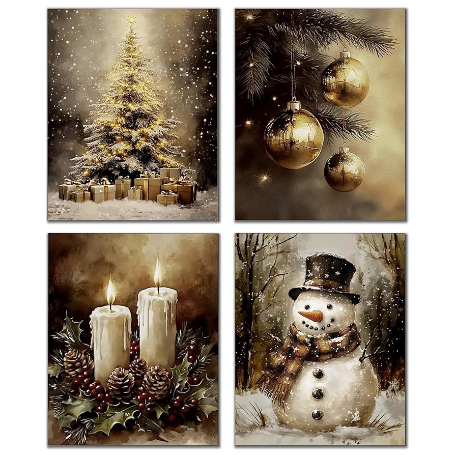 DOFQZ Vintage Christmas Wall Art Prints Set of 4, Farmhouse Christmas Decor, Moody Rustic Xmas Tr... | Amazon (US)