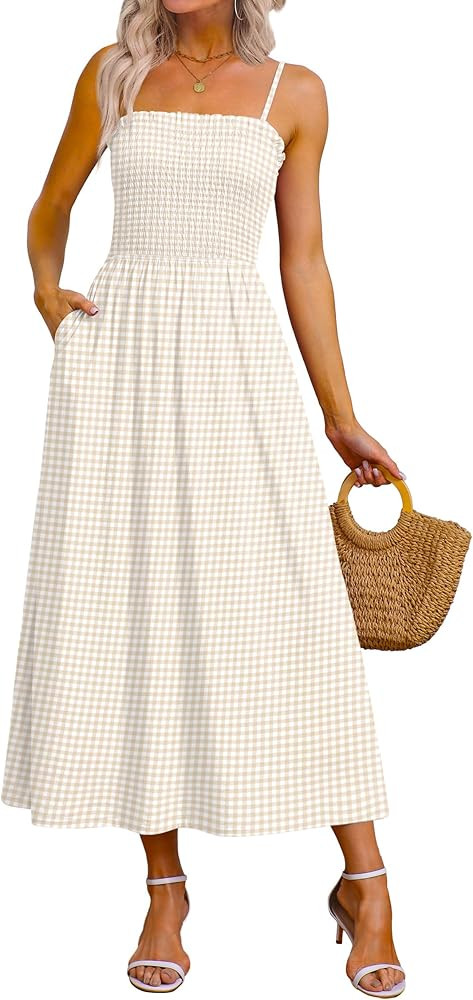 OFEEFAN Womens Spaghetti Strap Maxi Dresses Smocked with Pockets 2026 Summer Spring Casual Boho B... | Amazon (US)