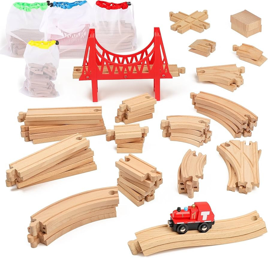 Wooden Train Tracks 60 Piece Set, Track Expansion Accessories for Toddlers 3-5 - 100% Compatible ... | Amazon (US)