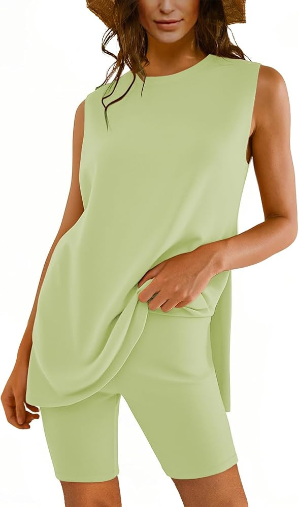 Outfeel Women Two Piece Short Set Summer Sweatsuit Beach Outfits Sleeveless Tunic Top and Shorts ... | Amazon (US)